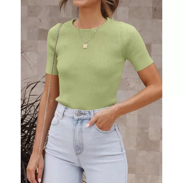 ZESICA Womens Short Sleeve Crewneck T Shirt 2024 Summer Ribbed Knit Slim Fit Basic Solid Color Tee TopsMossgreen