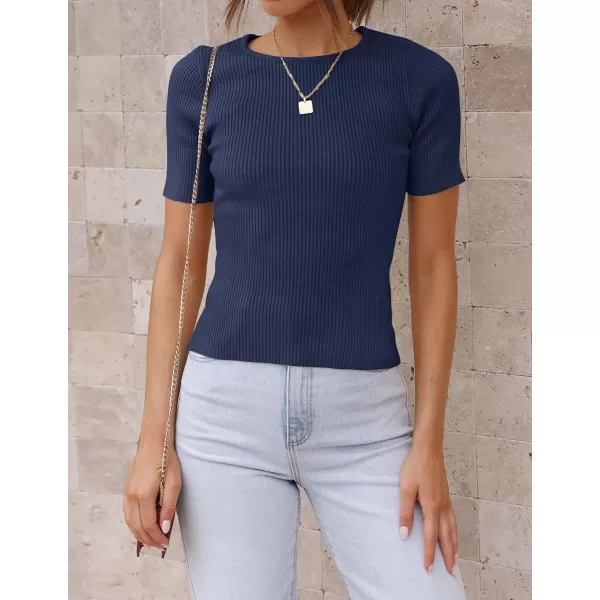 ZESICA Womens Short Sleeve Crewneck T Shirt 2024 Summer Ribbed Knit Slim Fit Basic Solid Color Tee TopsNavy
