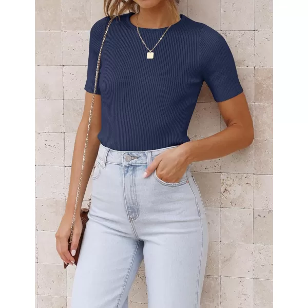 ZESICA Womens Short Sleeve Crewneck T Shirt 2024 Summer Ribbed Knit Slim Fit Basic Solid Color Tee TopsNavy