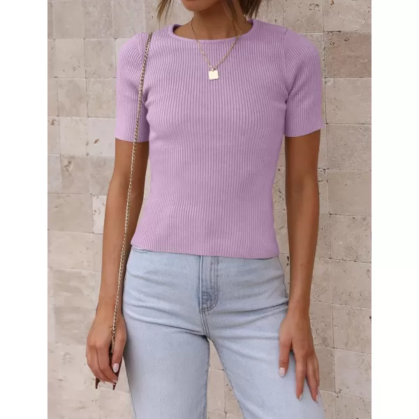 ZESICA Womens Short Sleeve Crewneck T Shirt 2024 Summer Ribbed Knit Slim Fit Basic Solid Color Tee TopsPurple