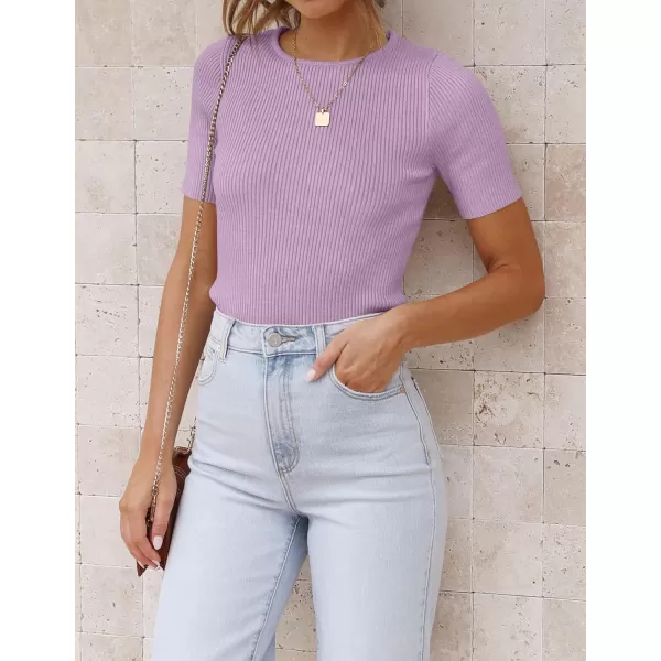ZESICA Womens Short Sleeve Crewneck T Shirt 2024 Summer Ribbed Knit Slim Fit Basic Solid Color Tee TopsPurple