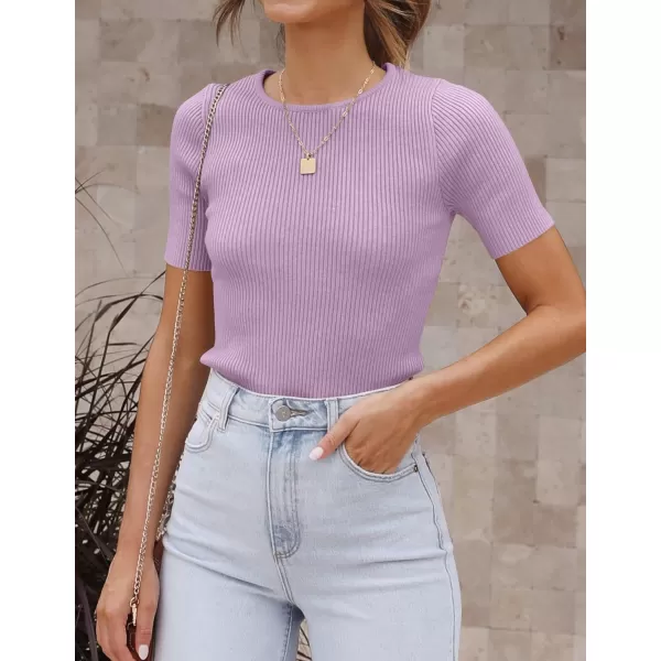 ZESICA Womens Short Sleeve Crewneck T Shirt 2024 Summer Ribbed Knit Slim Fit Basic Solid Color Tee TopsPurple