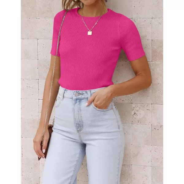 ZESICA Womens Short Sleeve Crewneck T Shirt 2024 Summer Ribbed Knit Slim Fit Basic Solid Color Tee TopsRose