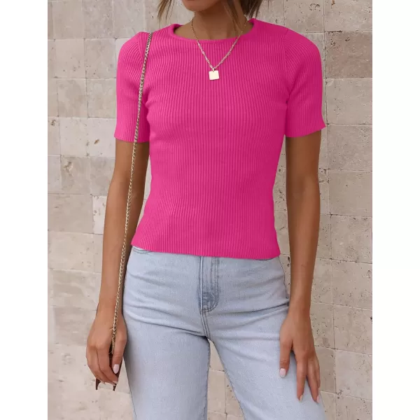 ZESICA Womens Short Sleeve Crewneck T Shirt 2024 Summer Ribbed Knit Slim Fit Basic Solid Color Tee TopsRose