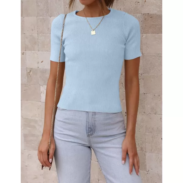 ZESICA Womens Short Sleeve Crewneck T Shirt 2024 Summer Ribbed Knit Slim Fit Basic Solid Color Tee TopsSkyblue
