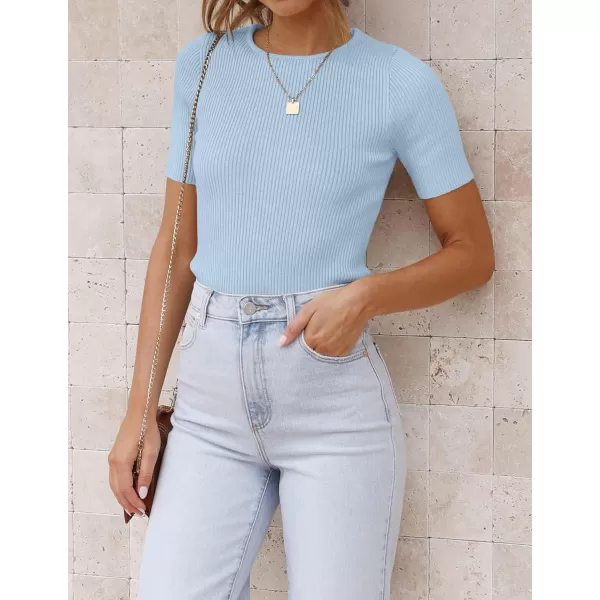 ZESICA Womens Short Sleeve Crewneck T Shirt 2024 Summer Ribbed Knit Slim Fit Basic Solid Color Tee TopsSkyblue