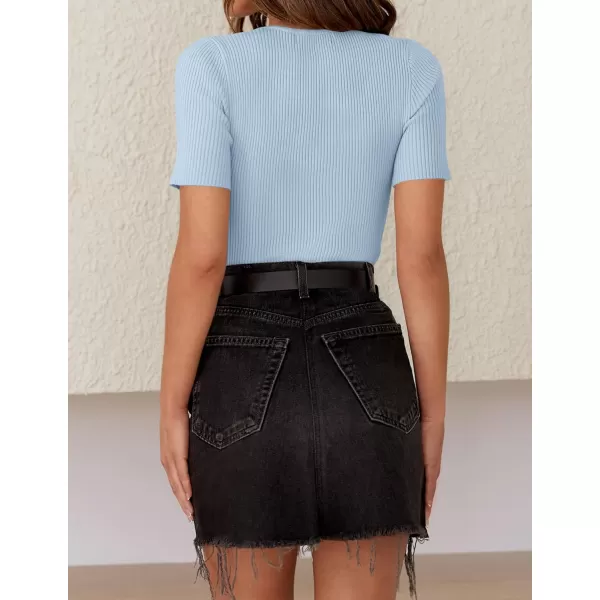 ZESICA Womens Short Sleeve Crewneck T Shirt 2024 Summer Ribbed Knit Slim Fit Basic Solid Color Tee TopsSkyblue