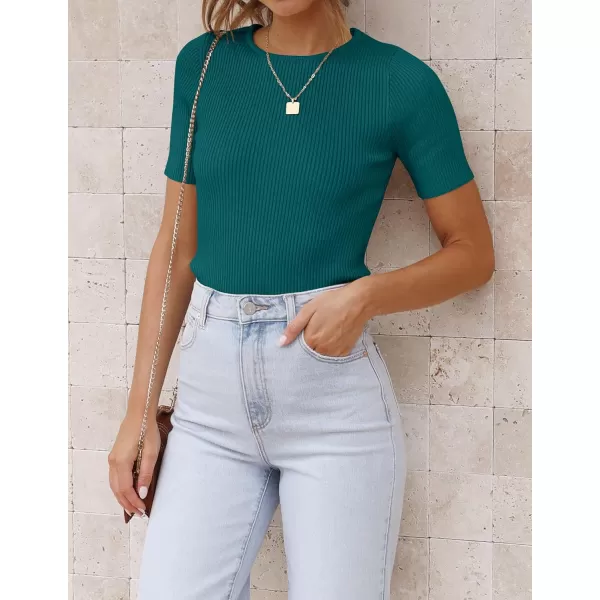 ZESICA Womens Short Sleeve Crewneck T Shirt 2024 Summer Ribbed Knit Slim Fit Basic Solid Color Tee TopsTeal