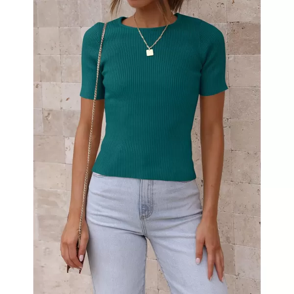 ZESICA Womens Short Sleeve Crewneck T Shirt 2024 Summer Ribbed Knit Slim Fit Basic Solid Color Tee TopsTeal