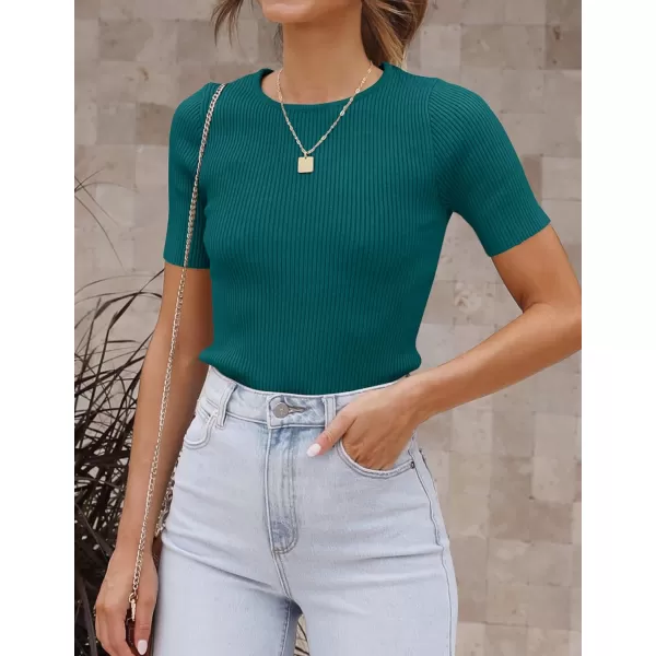 ZESICA Womens Short Sleeve Crewneck T Shirt 2024 Summer Ribbed Knit Slim Fit Basic Solid Color Tee TopsTeal