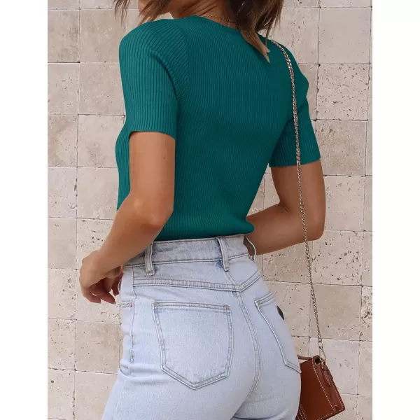 ZESICA Womens Short Sleeve Crewneck T Shirt 2024 Summer Ribbed Knit Slim Fit Basic Solid Color Tee TopsTeal