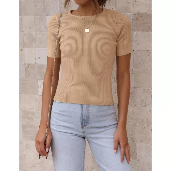 ZESICA Womens Short Sleeve Crewneck T Shirt 2024 Summer Ribbed Knit Slim Fit Basic Solid Color Tee TopsToffee