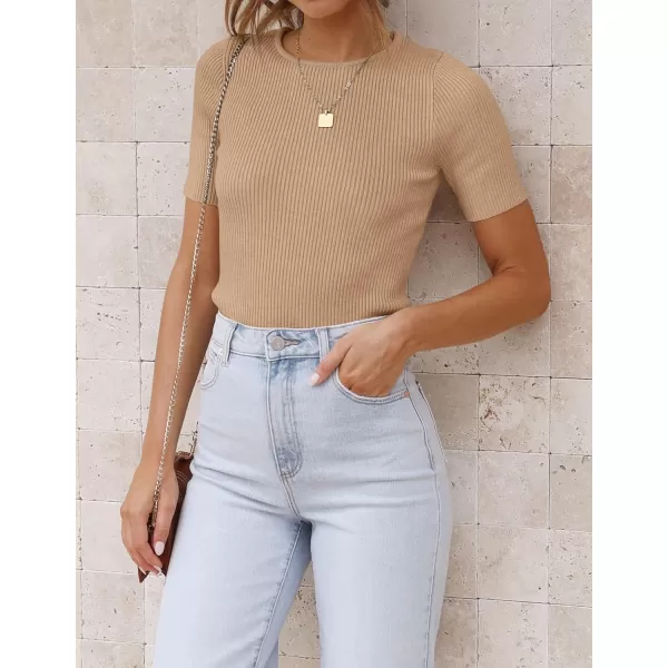 ZESICA Womens Short Sleeve Crewneck T Shirt 2024 Summer Ribbed Knit Slim Fit Basic Solid Color Tee TopsToffee