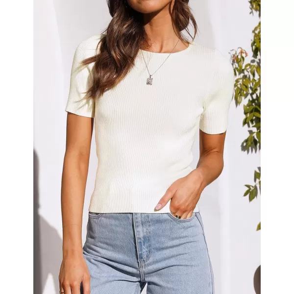 ZESICA Womens Short Sleeve Crewneck T Shirt 2024 Summer Ribbed Knit Slim Fit Basic Solid Color Tee TopsWhite