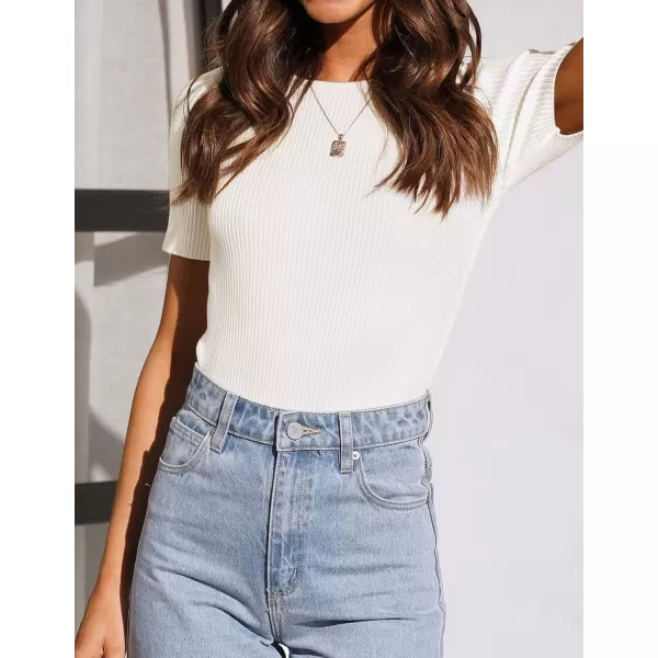 ZESICA Womens Short Sleeve Crewneck T Shirt 2024 Summer Ribbed Knit Slim Fit Basic Solid Color Tee TopsWhite