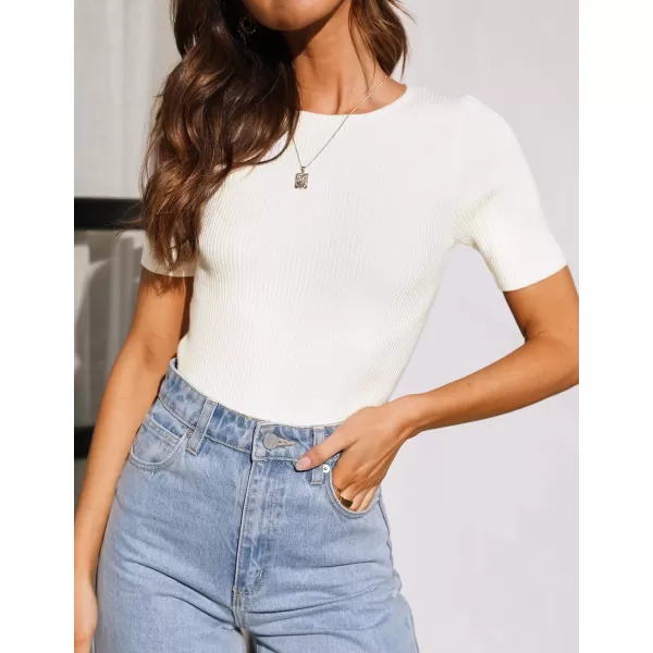 ZESICA Womens Short Sleeve Crewneck T Shirt 2024 Summer Ribbed Knit Slim Fit Basic Solid Color Tee TopsWhite