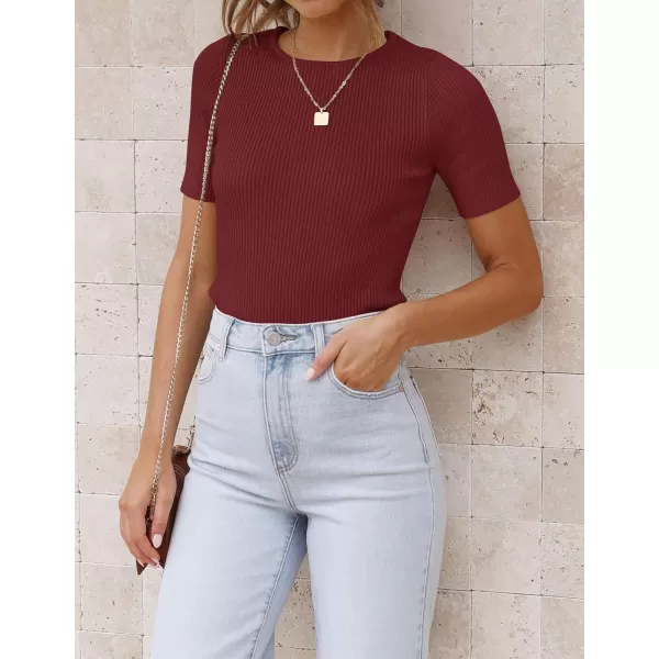 ZESICA Womens Short Sleeve Crewneck T Shirt 2024 Summer Ribbed Knit Slim Fit Basic Solid Color Tee TopsWine