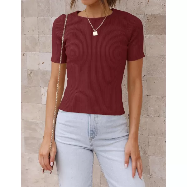 ZESICA Womens Short Sleeve Crewneck T Shirt 2024 Summer Ribbed Knit Slim Fit Basic Solid Color Tee TopsWine