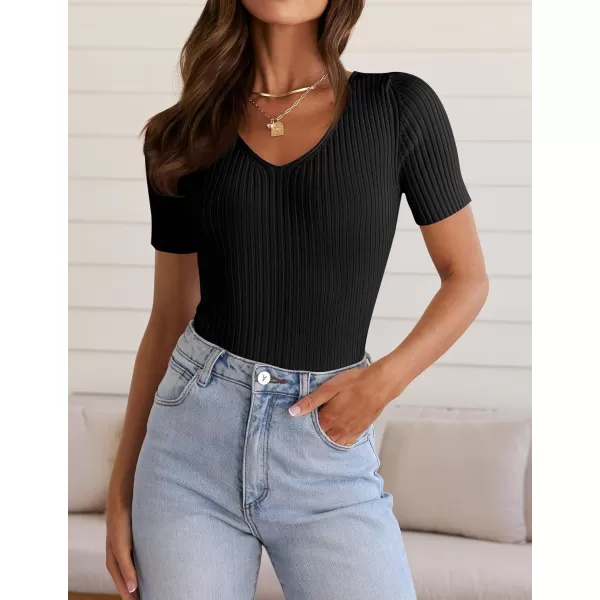 ZESICA Womens Short Sleeve T Shirts 2024 Summer V Neck Tops Casual Ribbed Knit Slim Fit Basic TeesBlack