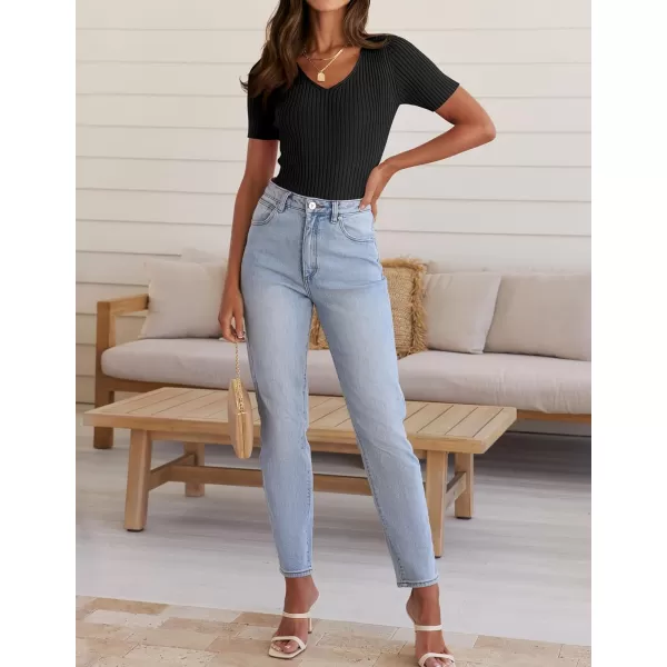 ZESICA Womens Short Sleeve T Shirts 2024 Summer V Neck Tops Casual Ribbed Knit Slim Fit Basic TeesBlack