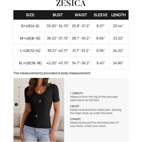 ZESICA Womens Short Sleeve T Shirts 2024 Summer V Neck Tops Casual Ribbed Knit Slim Fit Basic TeesBlack