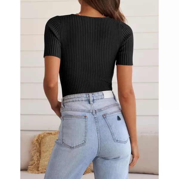 ZESICA Womens Short Sleeve T Shirts 2024 Summer V Neck Tops Casual Ribbed Knit Slim Fit Basic TeesBlack