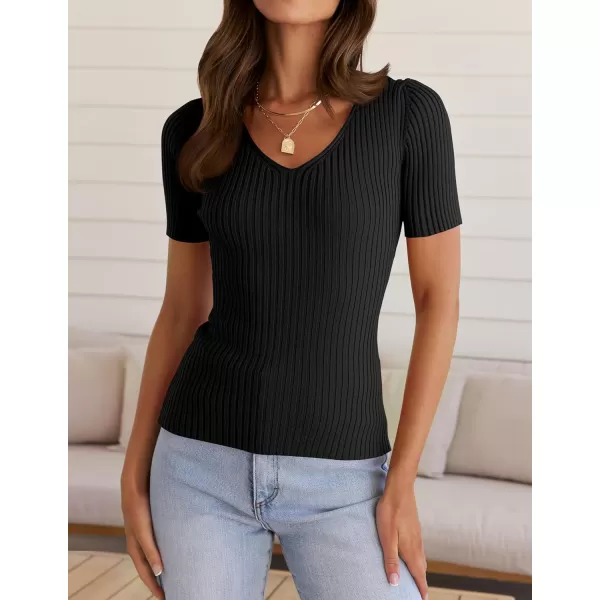 ZESICA Womens Short Sleeve T Shirts 2024 Summer V Neck Tops Casual Ribbed Knit Slim Fit Basic TeesBlack