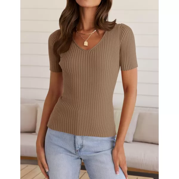 ZESICA Womens Short Sleeve T Shirts 2024 Summer V Neck Tops Casual Ribbed Knit Slim Fit Basic TeesBrown