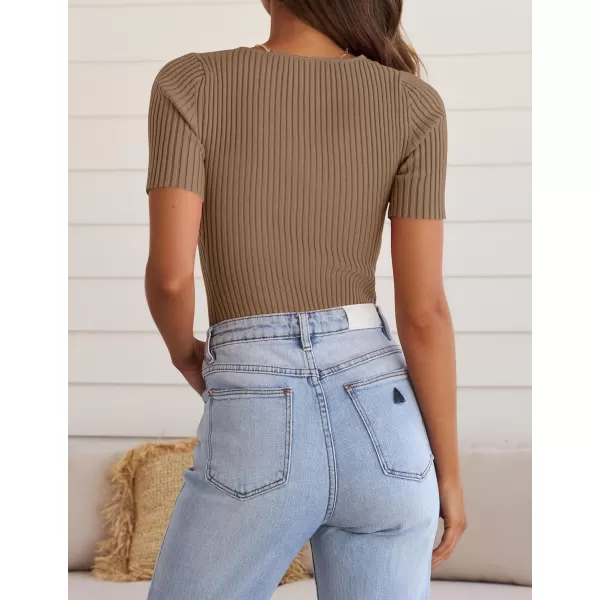 ZESICA Womens Short Sleeve T Shirts 2024 Summer V Neck Tops Casual Ribbed Knit Slim Fit Basic TeesBrown