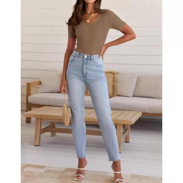 ZESICA Womens Short Sleeve T Shirts 2024 Summer V Neck Tops Casual Ribbed Knit Slim Fit Basic TeesBrown