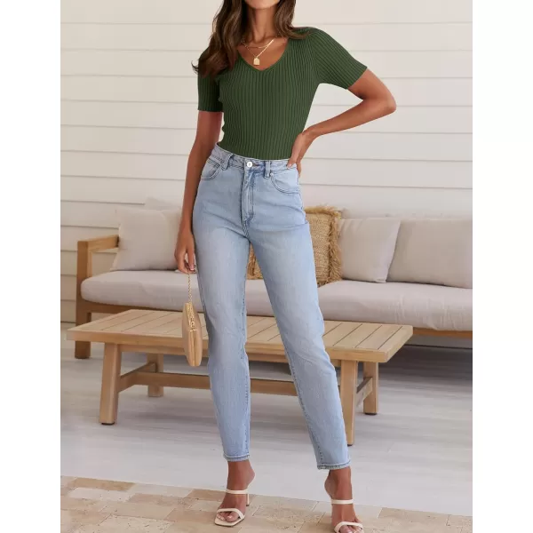 ZESICA Womens Short Sleeve T Shirts 2024 Summer V Neck Tops Casual Ribbed Knit Slim Fit Basic TeesDarkgreen