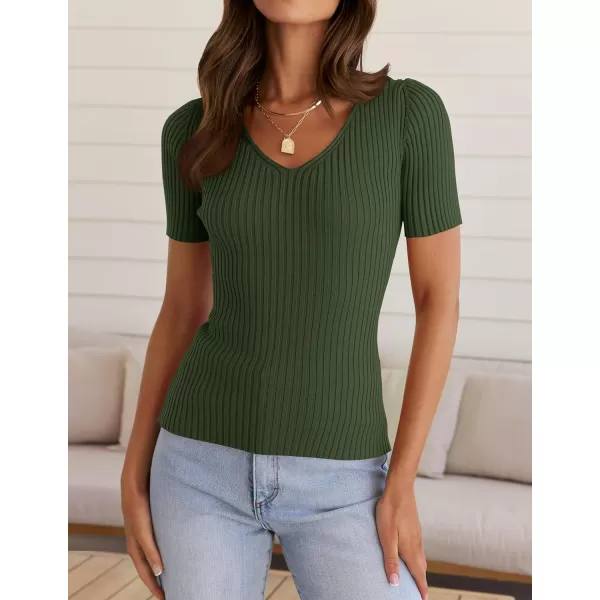 ZESICA Womens Short Sleeve T Shirts 2024 Summer V Neck Tops Casual Ribbed Knit Slim Fit Basic TeesDarkgreen