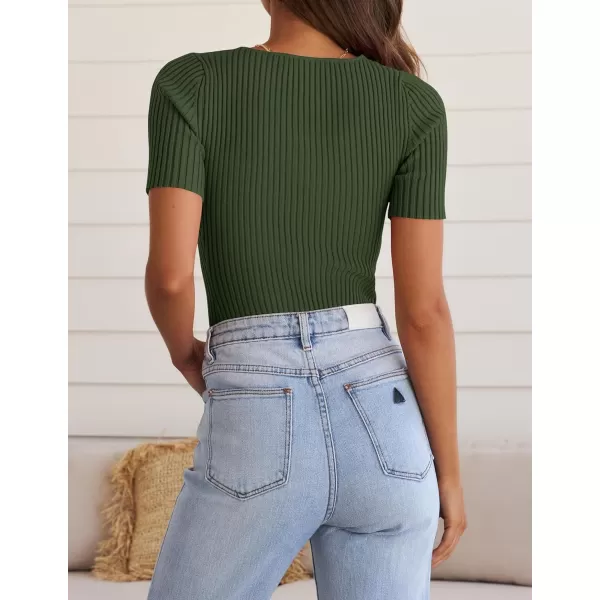ZESICA Womens Short Sleeve T Shirts 2024 Summer V Neck Tops Casual Ribbed Knit Slim Fit Basic TeesDarkgreen