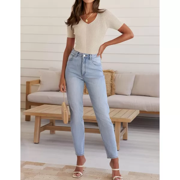 ZESICA Womens Short Sleeve T Shirts 2024 Summer V Neck Tops Casual Ribbed Knit Slim Fit Basic TeesSand