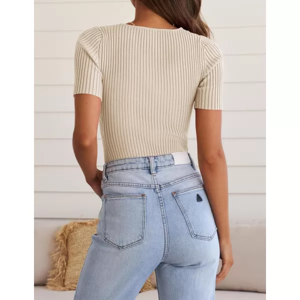 ZESICA Womens Short Sleeve T Shirts 2024 Summer V Neck Tops Casual Ribbed Knit Slim Fit Basic TeesSand