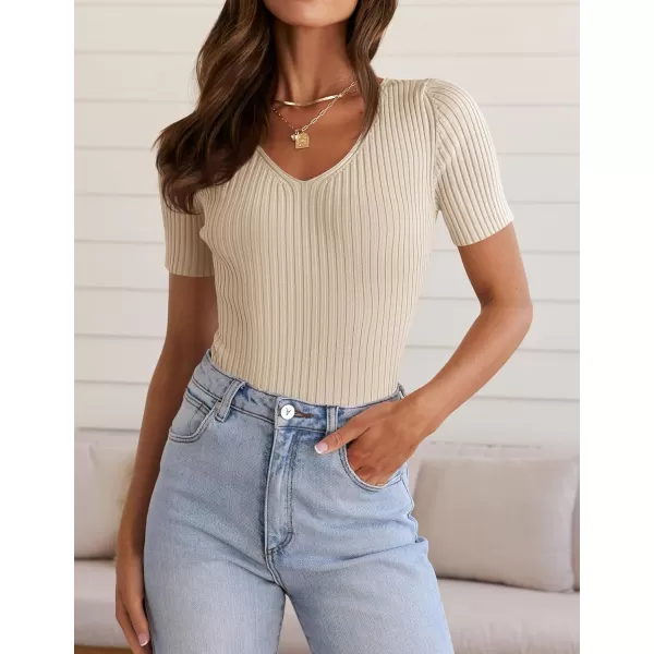 ZESICA Womens Short Sleeve T Shirts 2024 Summer V Neck Tops Casual Ribbed Knit Slim Fit Basic TeesSand