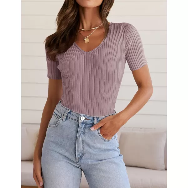 ZESICA Womens Short Sleeve T Shirts 2024 Summer V Neck Tops Casual Ribbed Knit Slim Fit Basic TeesTaro