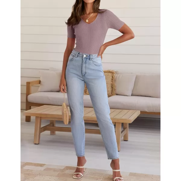 ZESICA Womens Short Sleeve T Shirts 2024 Summer V Neck Tops Casual Ribbed Knit Slim Fit Basic TeesTaro