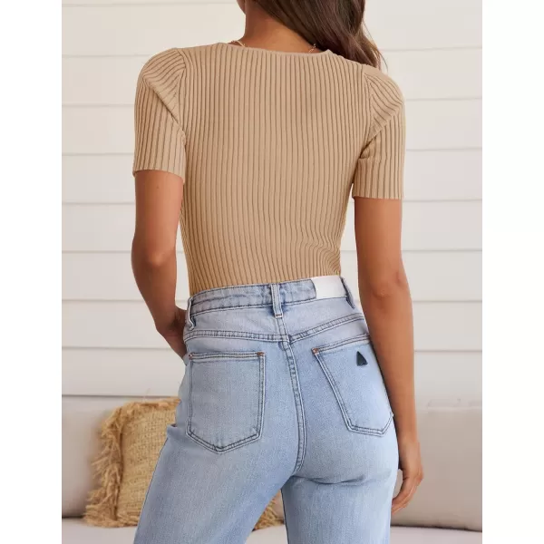 ZESICA Womens Short Sleeve T Shirts 2024 Summer V Neck Tops Casual Ribbed Knit Slim Fit Basic TeesToffee