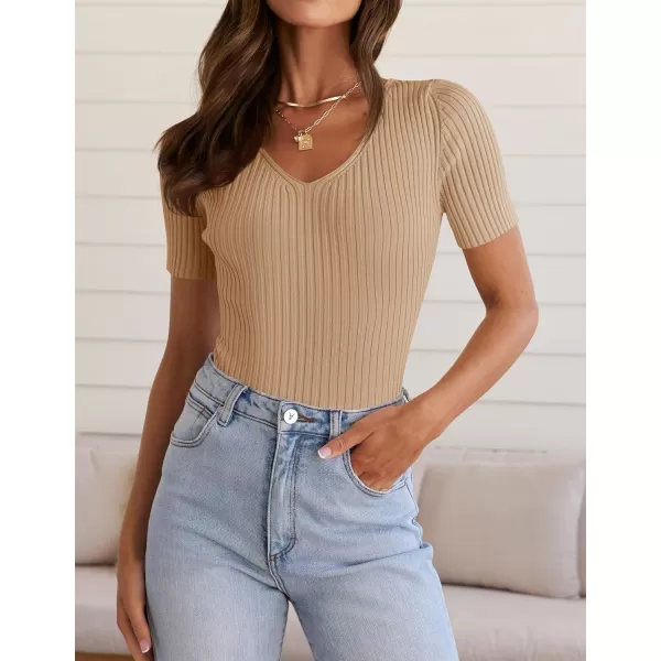 ZESICA Womens Short Sleeve T Shirts 2024 Summer V Neck Tops Casual Ribbed Knit Slim Fit Basic TeesToffee