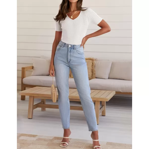 ZESICA Womens Short Sleeve T Shirts 2024 Summer V Neck Tops Casual Ribbed Knit Slim Fit Basic TeesWhite