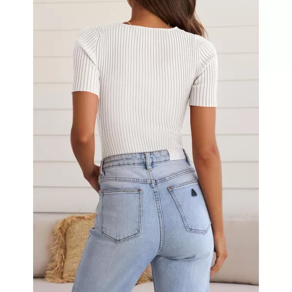 ZESICA Womens Short Sleeve T Shirts 2024 Summer V Neck Tops Casual Ribbed Knit Slim Fit Basic TeesWhite