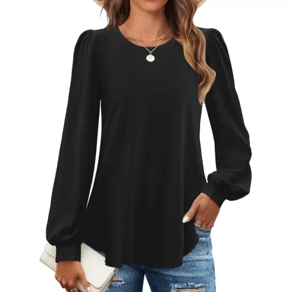 ZESICA Long Sleeve Eyelet Tops for Womens Crew Neck Fall Shirts Casual Loose Blouses 2024 Trendy ClothesBlack