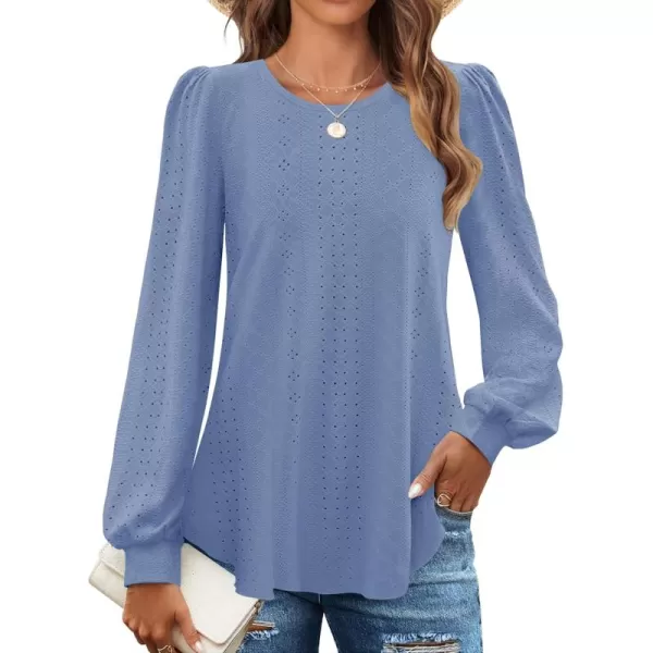 ZESICA Long Sleeve Eyelet Tops for Womens Crew Neck Fall Shirts Casual Loose Blouses 2024 Trendy ClothesBlue