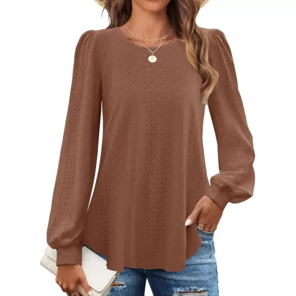 ZESICA Long Sleeve Eyelet Tops for Womens Crew Neck Fall Shirts Casual Loose Blouses 2024 Trendy ClothesCaramel