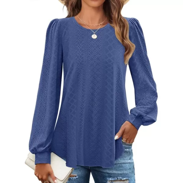ZESICA Long Sleeve Eyelet Tops for Womens Crew Neck Fall Shirts Casual Loose Blouses 2024 Trendy ClothesDarkblue