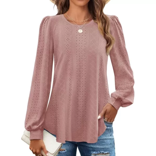 ZESICA Long Sleeve Eyelet Tops for Womens Crew Neck Fall Shirts Casual Loose Blouses 2024 Trendy ClothesDusty Pink