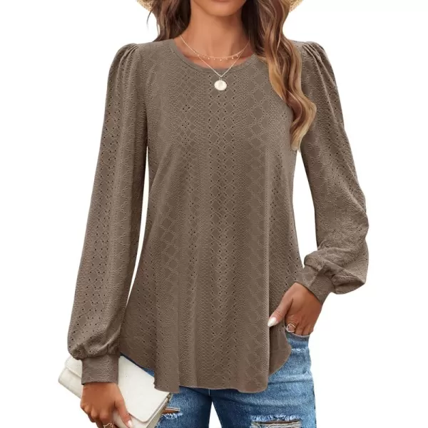 ZESICA Long Sleeve Eyelet Tops for Womens Crew Neck Fall Shirts Casual Loose Blouses 2024 Trendy ClothesGreytaupe