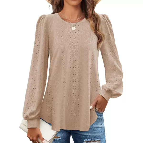 ZESICA Long Sleeve Eyelet Tops for Womens Crew Neck Fall Shirts Casual Loose Blouses 2024 Trendy ClothesKhaki