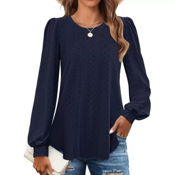 ZESICA Long Sleeve Eyelet Tops for Womens Crew Neck Fall Shirts Casual Loose Blouses 2024 Trendy ClothesNavy